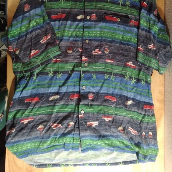 Vintage Norm Thompson Boats Palm Trees Hawaiian Shirt - Picture 3 of 8